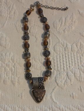 Chicos Brown and Silver Statement Pendant Necklace -